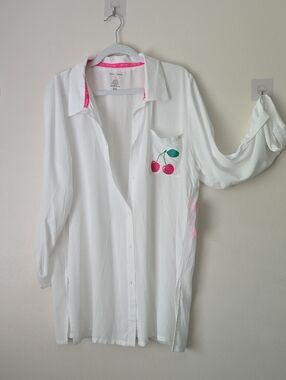 Betsey Johnson Light Pink Button-Down Cover Up with Cherry Pocket
